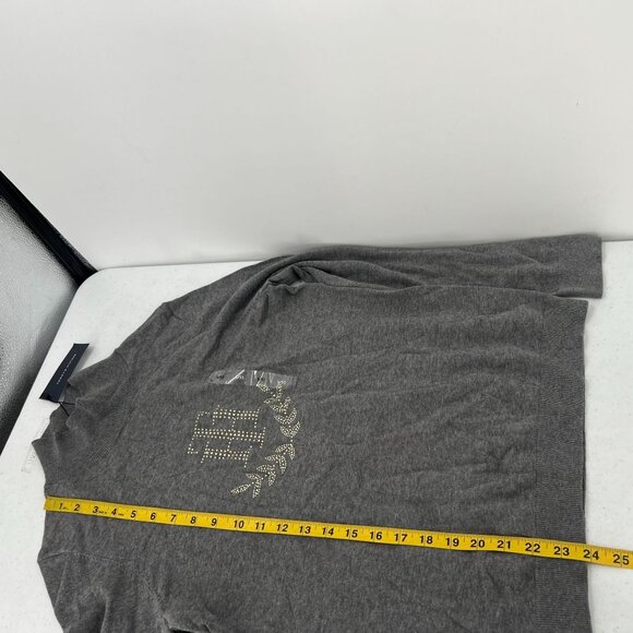 Tommy Hilfiger S Gray Mock Neck Knit Sweater Rhinestone Logo Crest Embellished - Picture 6 of 10